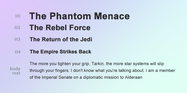 Scaling used to demonstrate hierarchy of headings